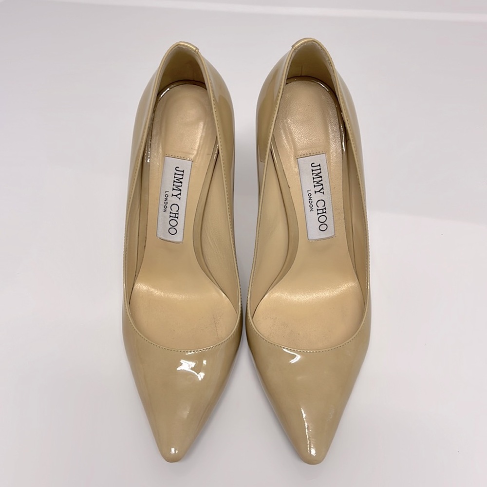 Jimmy choo romy 100 patent nude leather pump